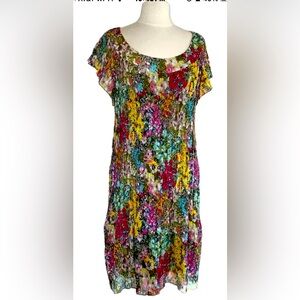 R &K Originals Dress: Vintage Floral  Pleated Sheer Shell W/ Green Liner Sz 18
